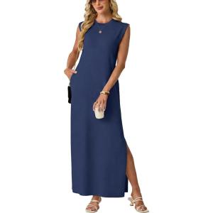 imageGRECERELLE Womens 2026 Summer Fall Round Neck AntiPilling Shift Sweater Maxi Dress with Pockets for Business CasualDenim Blue