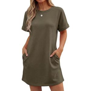 imageGRECERELLE Womens Casual TShirt Dress with Pockets Short Sleeve Shift Dresses WrinkleResistant Above Knee LengthArmy Green