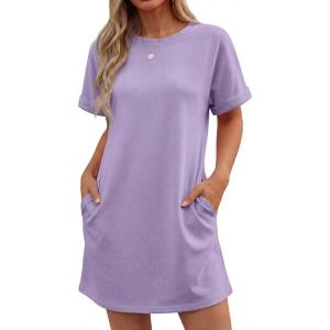imageGRECERELLE Womens Casual TShirt Dress with Pockets Short Sleeve Shift Dresses WrinkleResistant Above Knee LengthAura Indigo
