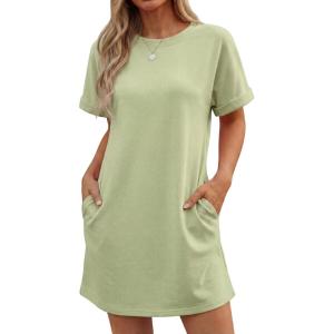 imageGRECERELLE Womens Casual TShirt Dress with Pockets Short Sleeve Shift Dresses WrinkleResistant Above Knee LengthAvocado Green
