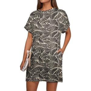 imageGRECERELLE Womens Casual TShirt Dress with Pockets Short Sleeve Shift Dresses WrinkleResistant Above Knee LengthBlack Khaki Leaf
