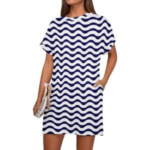 imageGRECERELLE Womens Casual TShirt Dress with Pockets Short Sleeve Shift Dresses WrinkleResistant Above Knee LengthBlue White Wave