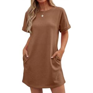 imageGRECERELLE Womens Casual TShirt Dress with Pockets Short Sleeve Shift Dresses WrinkleResistant Above Knee LengthCamel