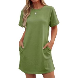 imageGRECERELLE Womens Casual TShirt Dress with Pockets Short Sleeve Shift Dresses WrinkleResistant Above Knee LengthDill Green