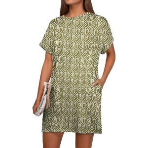 imageGRECERELLE Womens Casual TShirt Dress with Pockets Short Sleeve Shift Dresses WrinkleResistant Above Knee LengthGreen White Maze