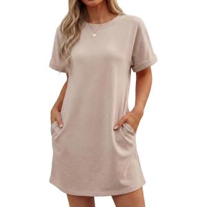 imageGRECERELLE Womens Casual TShirt Dress with Pockets Short Sleeve Shift Dresses WrinkleResistant Above Knee LengthKhaki