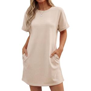 imageGRECERELLE Womens Casual TShirt Dress with Pockets Short Sleeve Shift Dresses WrinkleResistant Above Knee LengthLight Apricot