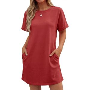 imageGRECERELLE Womens Casual TShirt Dress with Pockets Short Sleeve Shift Dresses WrinkleResistant Above Knee LengthRed