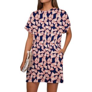 imageGRECERELLE Womens Casual TShirt Dress with Pockets Short Sleeve Shift Dresses WrinkleResistant Above Knee LengthRed Striped Bow