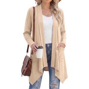 imageGRECERELLE Womens Long Sleeve Lightweight Cardigan Casual Open Front Draped Asymmetric Hem Cardigans with PocketsApricot
