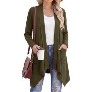 imageGRECERELLE Womens Long Sleeve Lightweight Cardigan Casual Open Front Draped Asymmetric Hem Cardigans with PocketsArmy Green