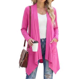 imageGRECERELLE Womens Long Sleeve Lightweight Cardigan Casual Open Front Draped Asymmetric Hem Cardigans with PocketsHot Pink
