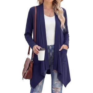 imageGRECERELLE Womens Long Sleeve Lightweight Cardigan Casual Open Front Draped Asymmetric Hem Cardigans with PocketsNavy Blue