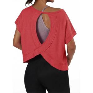 imageGRECERELLE Womens Open Back Workout Tops Backless Athletic Shirts Casual Crop Running Tee Y2k YogaRed