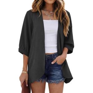 imageGRECERELLE Womens Summer Lightweight 34 Sleeve Cardigan Open Front Casual Loose Kimono Cover Ups with PocketsBlack