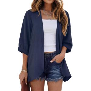 imageGRECERELLE Womens Summer Lightweight 34 Sleeve Cardigan Open Front Casual Loose Kimono Cover Ups with PocketsDark Blue