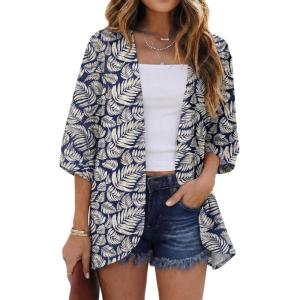 imageGRECERELLE Womens Summer Lightweight 34 Sleeve Cardigan Open Front Casual Loose Kimono Cover Ups with PocketsDark Blue Palm Leaf