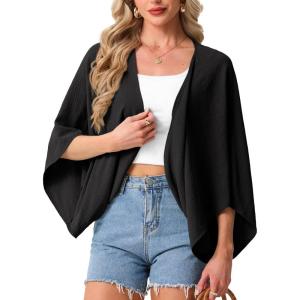 imageGRECERELLE Womens Summer Lightweight Cardigan Open Front Casual Loose Cropped Kimono Oversized Cover UpsBlack