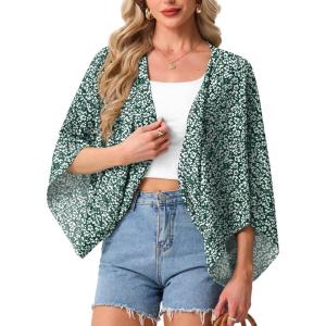 imageGRECERELLE Womens Summer Lightweight Cardigan Open Front Casual Loose Cropped Kimono Oversized Cover UpsGreen White Flower