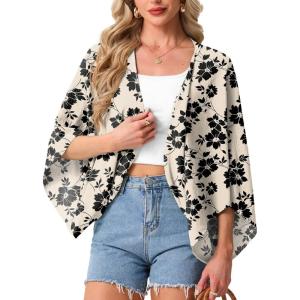 imageGRECERELLE Womens Summer Lightweight Cardigan Open Front Casual Loose Cropped Kimono Oversized Cover UpsKhaki Black Flower