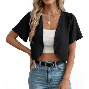imageGRECERELLE Womens Summer Lightweight Cropped Cardigan Shrug Short Sleeve Open Front Casual Bolero Cover UpsBlack