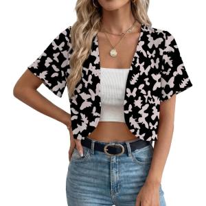 imageGRECERELLE Womens Summer Lightweight Cropped Cardigan Shrug Short Sleeve Open Front Casual Bolero Cover UpsBlack Butterfly
