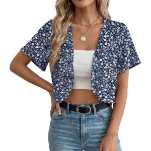 imageGRECERELLE Womens Summer Lightweight Cropped Cardigan Shrug Short Sleeve Open Front Casual Bolero Cover UpsBlue White Flower