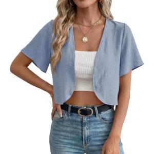 imageGRECERELLE Womens Summer Lightweight Cropped Cardigan Shrug Short Sleeve Open Front Casual Bolero Cover UpsHaze Blue
