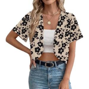 imageGRECERELLE Womens Summer Lightweight Cropped Cardigan Shrug Short Sleeve Open Front Casual Bolero Cover UpsKhaki Black Flower