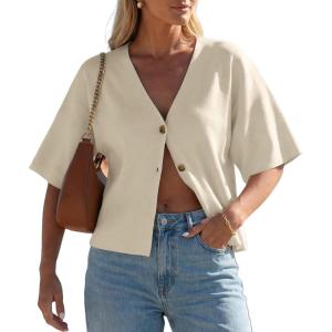 imageGRECERELLE Womens Summer Lightweight Short Sleeve Cardigans Open Front V Neck Casual Knit Button Down SweaterApricot