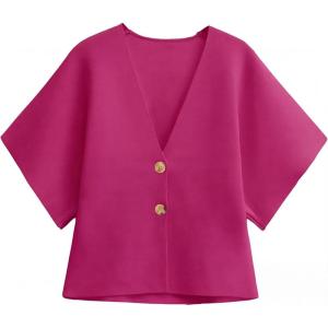 imageGRECERELLE Womens Summer Lightweight Short Sleeve Cardigans Open Front V Neck Casual Knit Button Down SweaterHot Pink