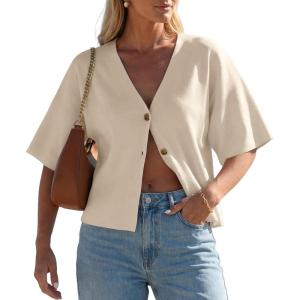 imageGRECERELLE Womens Summer Lightweight Short Sleeve Cardigans Open Front V Neck Casual Knit Button Down SweaterOatmeal