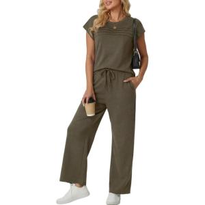 imageGRECERELLE Womens Two Piece Lounge Set Striped Short Sleeve Top with Wide Leg Pants Summer Travel Casual OutfitArmy Green