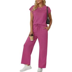imageGRECERELLE Womens Two Piece Lounge Set Striped Short Sleeve Top with Wide Leg Pants Summer Travel Casual OutfitHot Pink