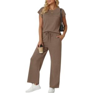 imageGRECERELLE Womens Two Piece Lounge Set Striped Short Sleeve Top with Wide Leg Pants Summer Travel Casual OutfitLight Coffee