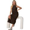 imageGRECERELLE 2026 Women Summer Casual 2 Piece Sets MockNeck WrinkleFree Top amp Elastic Waist Midi Side Slit Skirt with PocketsDark Coffee