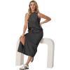 imageGRECERELLE 2026 Women Summer Casual 2 Piece Sets MockNeck WrinkleFree Top amp Elastic Waist Midi Side Slit Skirt with PocketsDark Gray