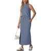 imageGRECERELLE 2026 Women Summer Casual 2 Piece Sets MockNeck WrinkleFree Top amp Elastic Waist Midi Side Slit Skirt with PocketsDenim Blue