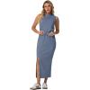 imageGRECERELLE 2026 Women Summer Casual 2 Piece Sets MockNeck WrinkleFree Top amp Elastic Waist Midi Side Slit Skirt with PocketsDenim Blue