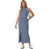 imageGRECERELLE 2026 Women Summer Casual 2 Piece Sets MockNeck WrinkleFree Top amp Elastic Waist Midi Side Slit Skirt with PocketsDenim Blue