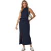 imageGRECERELLE 2026 Women Summer Casual 2 Piece Sets MockNeck WrinkleFree Top amp Elastic Waist Midi Side Slit Skirt with PocketsNavy Blue