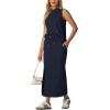 imageGRECERELLE 2026 Women Summer Casual 2 Piece Sets MockNeck WrinkleFree Top amp Elastic Waist Midi Side Slit Skirt with PocketsNavy Blue