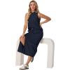 imageGRECERELLE 2026 Women Summer Casual 2 Piece Sets MockNeck WrinkleFree Top amp Elastic Waist Midi Side Slit Skirt with PocketsNavy Blue