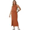 imageGRECERELLE 2026 Women Summer Casual 2 Piece Sets MockNeck WrinkleFree Top amp Elastic Waist Midi Side Slit Skirt with PocketsTan