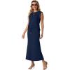 imageGRECERELLE Women Summer 2 Piece Sets Round Neck WrinkleFree Top amp Elastic Waist Midi Fishtail Skirt with PocketsXS3XLNavy Blue
