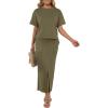 imageGRECERELLE Women Summer Casual 2 Piece Sets CrewNeck WrinkleFree Top amp Elastic Waist Maxi Front Slit Skirt with PocketsArmy Green