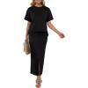 imageGRECERELLE Women Summer Casual 2 Piece Sets CrewNeck WrinkleFree Top amp Elastic Waist Maxi Front Slit Skirt with PocketsBlack