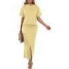 imageGRECERELLE Women Summer Casual 2 Piece Sets CrewNeck WrinkleFree Top amp Elastic Waist Maxi Front Slit Skirt with PocketsButter Yellow