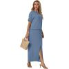 imageGRECERELLE Women Summer Casual 2 Piece Sets CrewNeck WrinkleFree Top amp Elastic Waist Maxi Front Slit Skirt with PocketsDenim Blue
