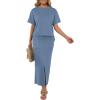 imageGRECERELLE Women Summer Casual 2 Piece Sets CrewNeck WrinkleFree Top amp Elastic Waist Maxi Front Slit Skirt with PocketsDenim Blue
